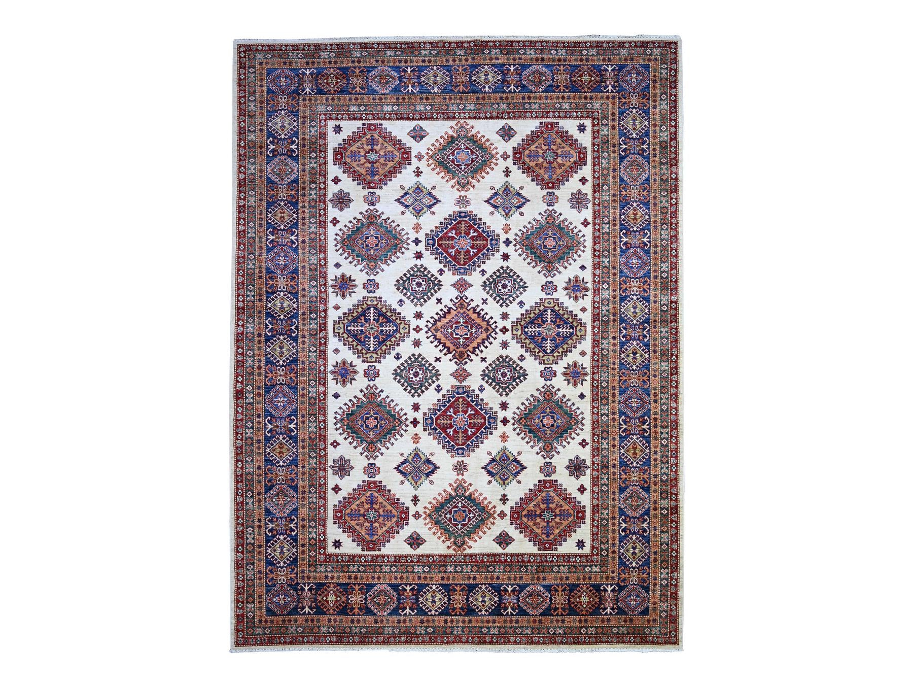 Kazak Kazak hand-knotted wool rug in Ivory & Air Force Blue, 8'4" x 11'5" — SKU O074547