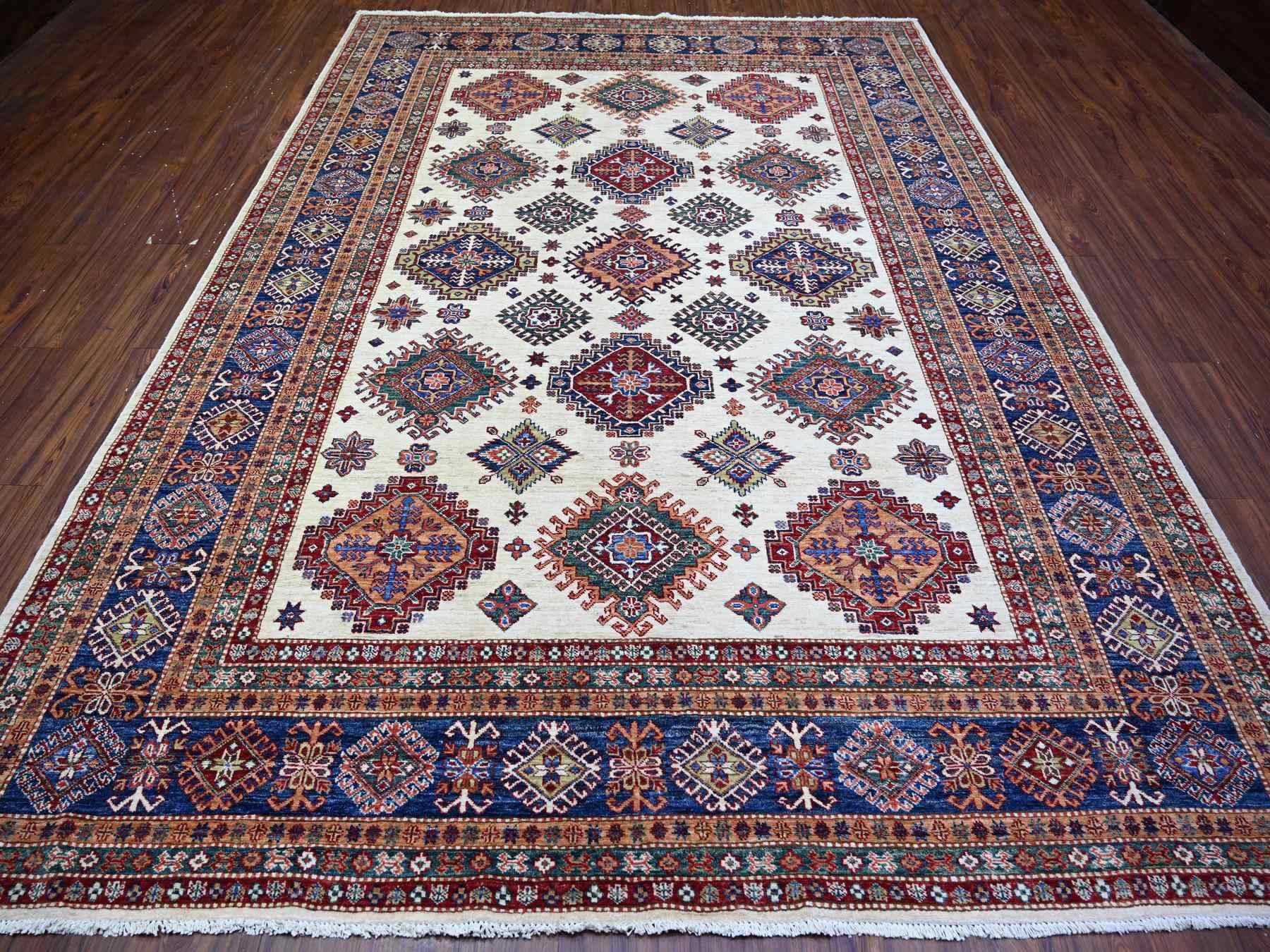 Kazak Kazak hand-knotted wool rug in Ivory & Air Force Blue, 8'4" x 11'5" — SKU O074547 (view 2)