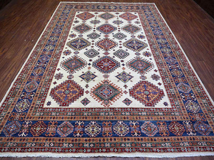 Kazak Kazak hand-knotted wool rug in Ivory & Air Force Blue, 8'4" x 11'5" — SKU O074547 (view 2)