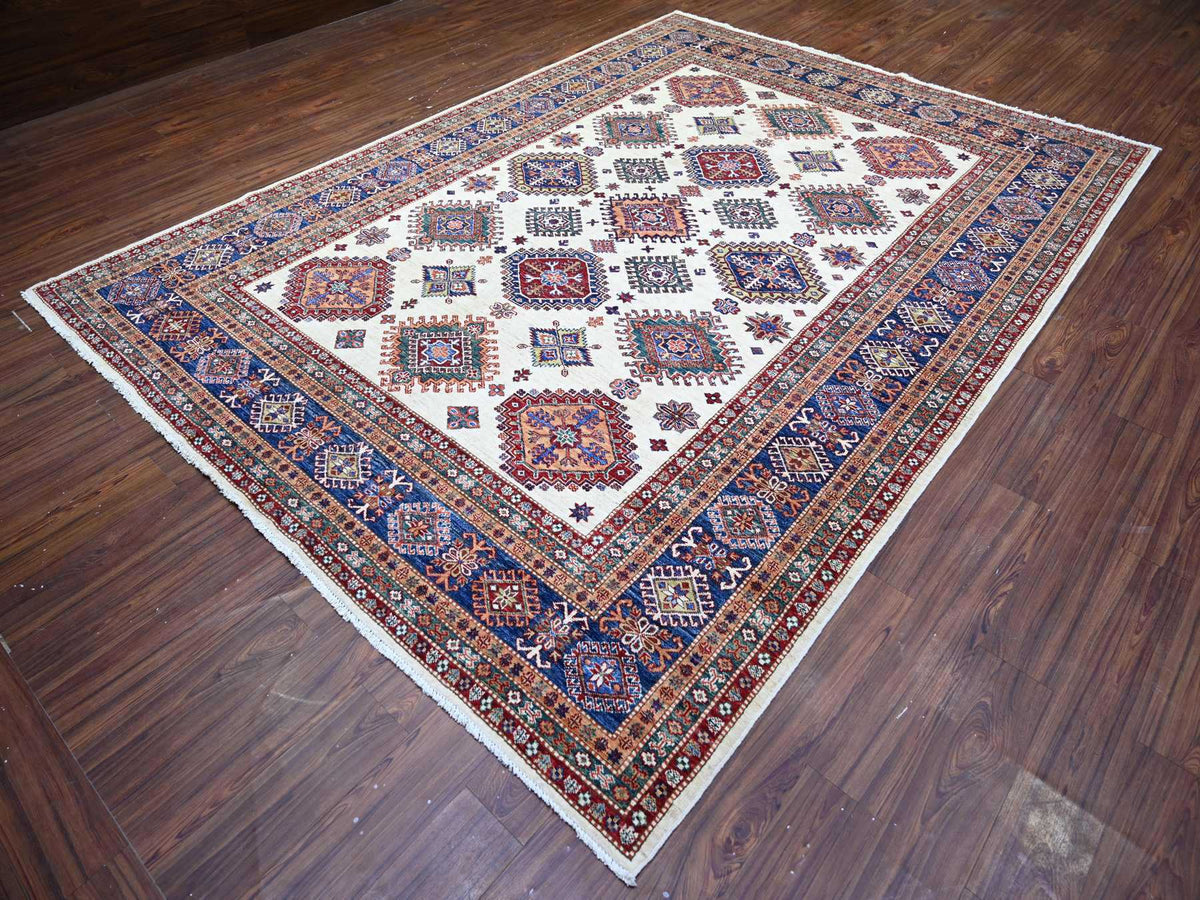 Kazak Kazak hand-knotted wool rug in Ivory & Air Force Blue, 8'4" x 11'5" — SKU O074547 (view 3)