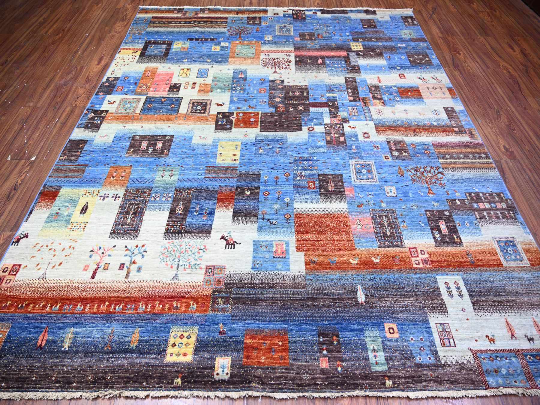 Gabbeh Tribal & Geometric hand-knotted wool rug in Blue, 8' x 9'7" — SKU O074569 (view 2)