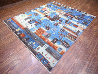 Blue 8'0" x 9'7" Tribal & Geometric Hand knotted Wool Rug - Sku: O074569
