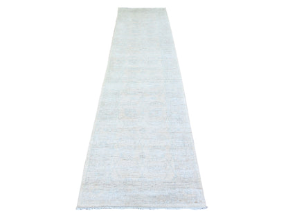 Peshawar Oushak hand-knotted wool runner in Ivory & Silver, 2'8" x 10'8" — SKU O074583