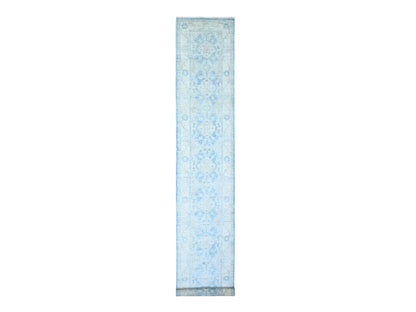 Blue 2'6" x 16'2" Oushak And Peshawar Hand knotted Wool Rug - Sku: O074584