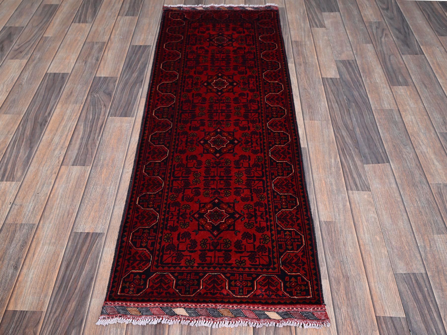 Tribal & Geometric hand-knotted wool runner in Red, 1'9" x 4'11" — SKU O0745 (view 2)