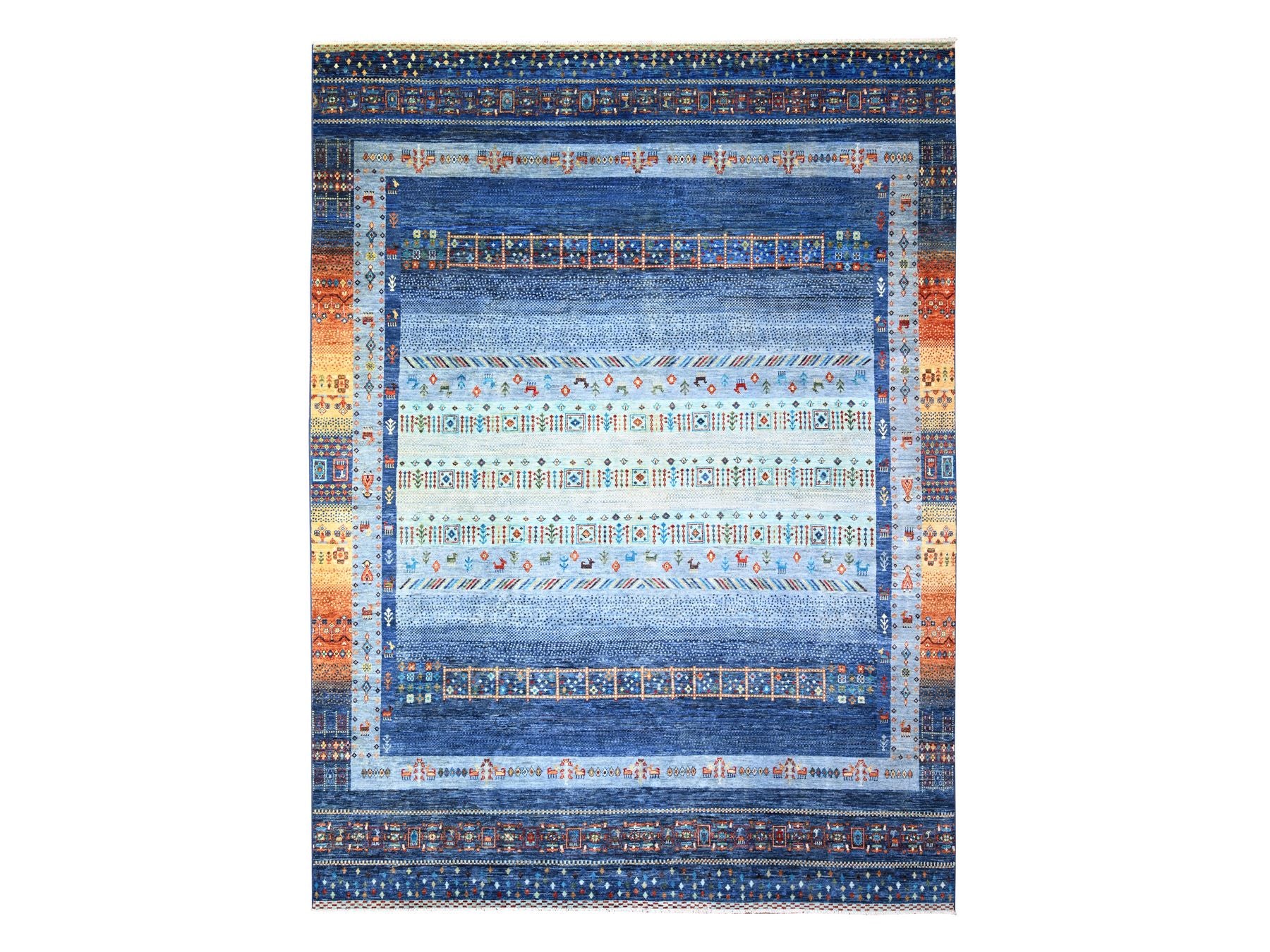 Gabbeh Tribal & Geometric hand-knotted wool rug in Blue, 8'11" x 11'11" — SKU O074601