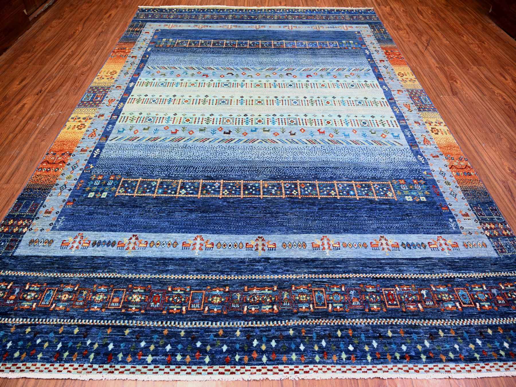 Gabbeh Tribal & Geometric hand-knotted wool rug in Blue, 8'11" x 11'11" — SKU O074601 (view 2)