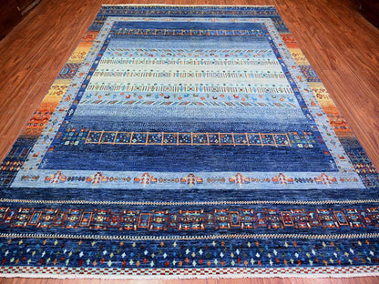 Gabbeh Tribal & Geometric hand-knotted wool rug in Blue, 8'11" x 11'11" — SKU O074601 (view 2)