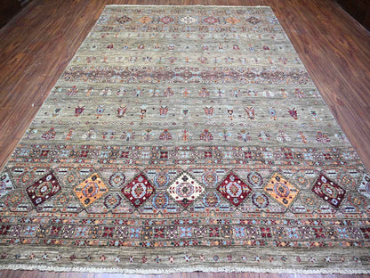 Grey 8'6" x 11'8" Tribal Hand knotted Wool Rug - Sku: O074621