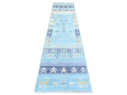 Blue 2'8" x 10'11" Tribal & Geometric Hand knotted Wool Rug - Sku: O074690