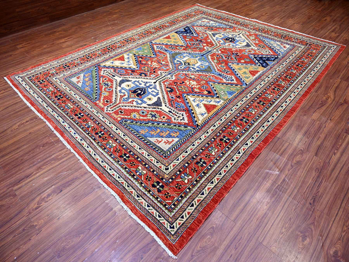 Shiraz Tribal & Geometric hand-knotted wool rug in Red, 9'4" x 12' — SKU O074760 (view 3)