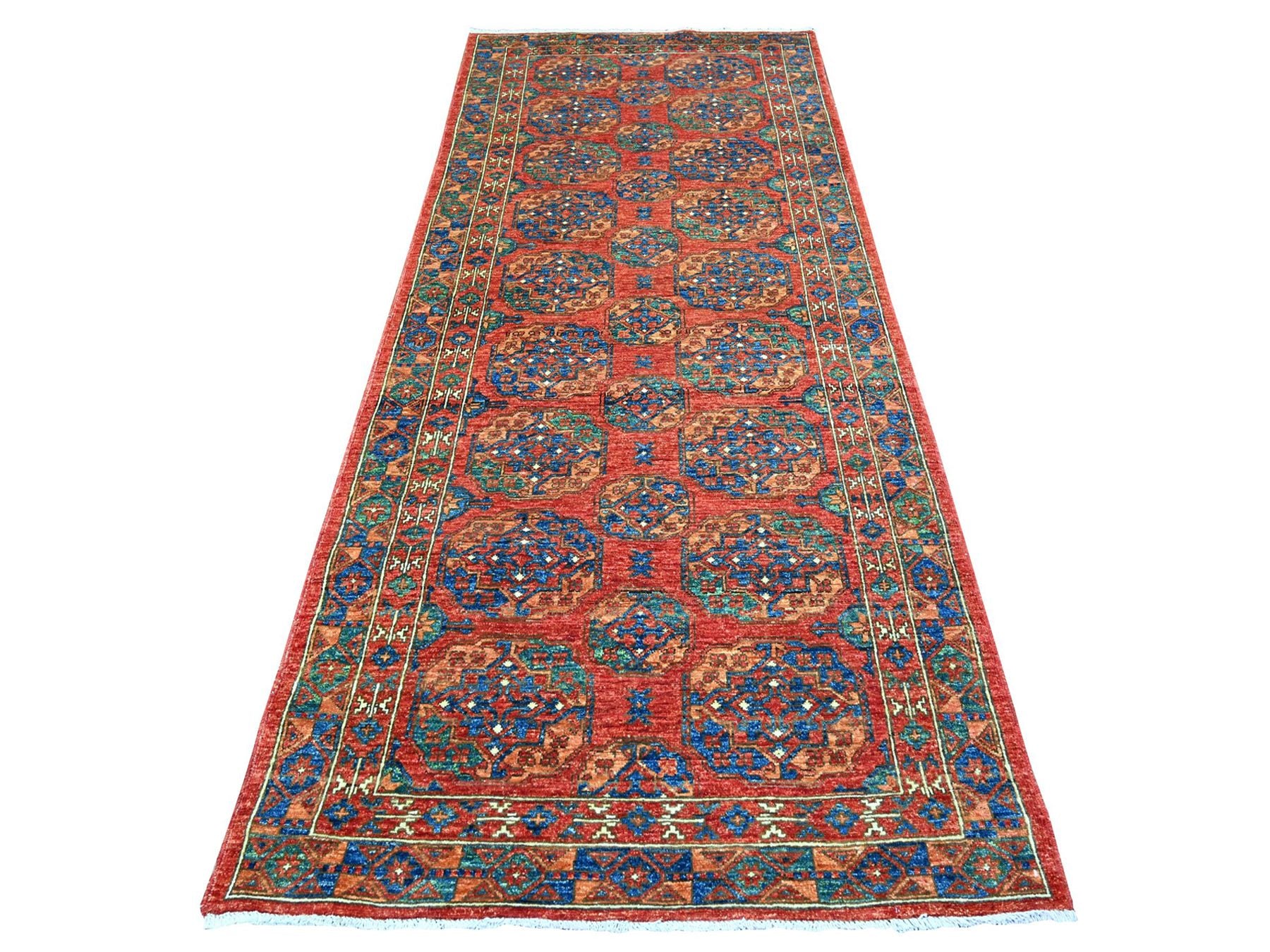 Ersari Tribal & Geometric hand-knotted wool runner in Red, 3'11" x 9'6" — SKU O074771