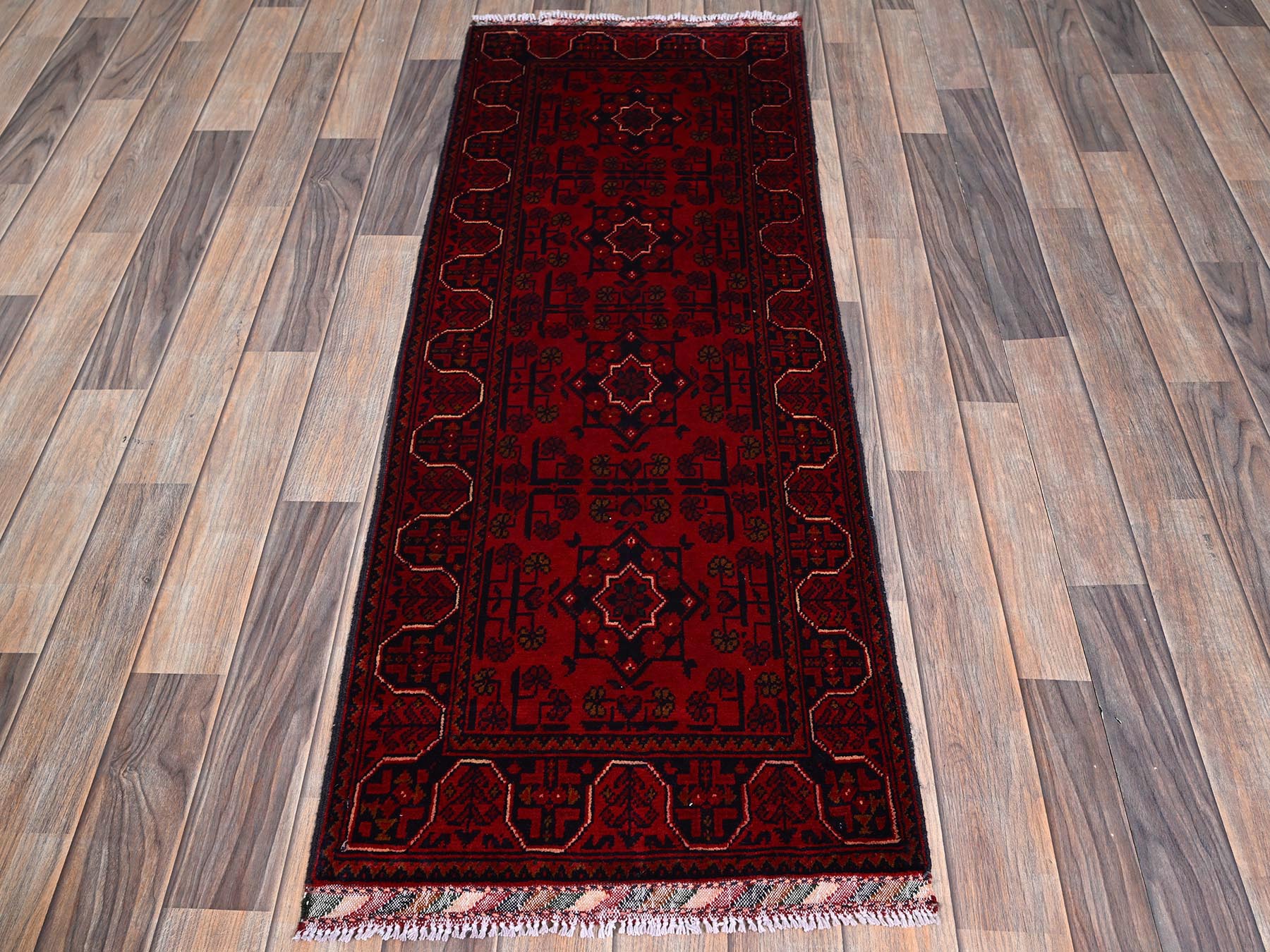 Tribal & Geometric hand-knotted wool runner in Red, 1'10" x 5' — SKU O0747 (view 2)