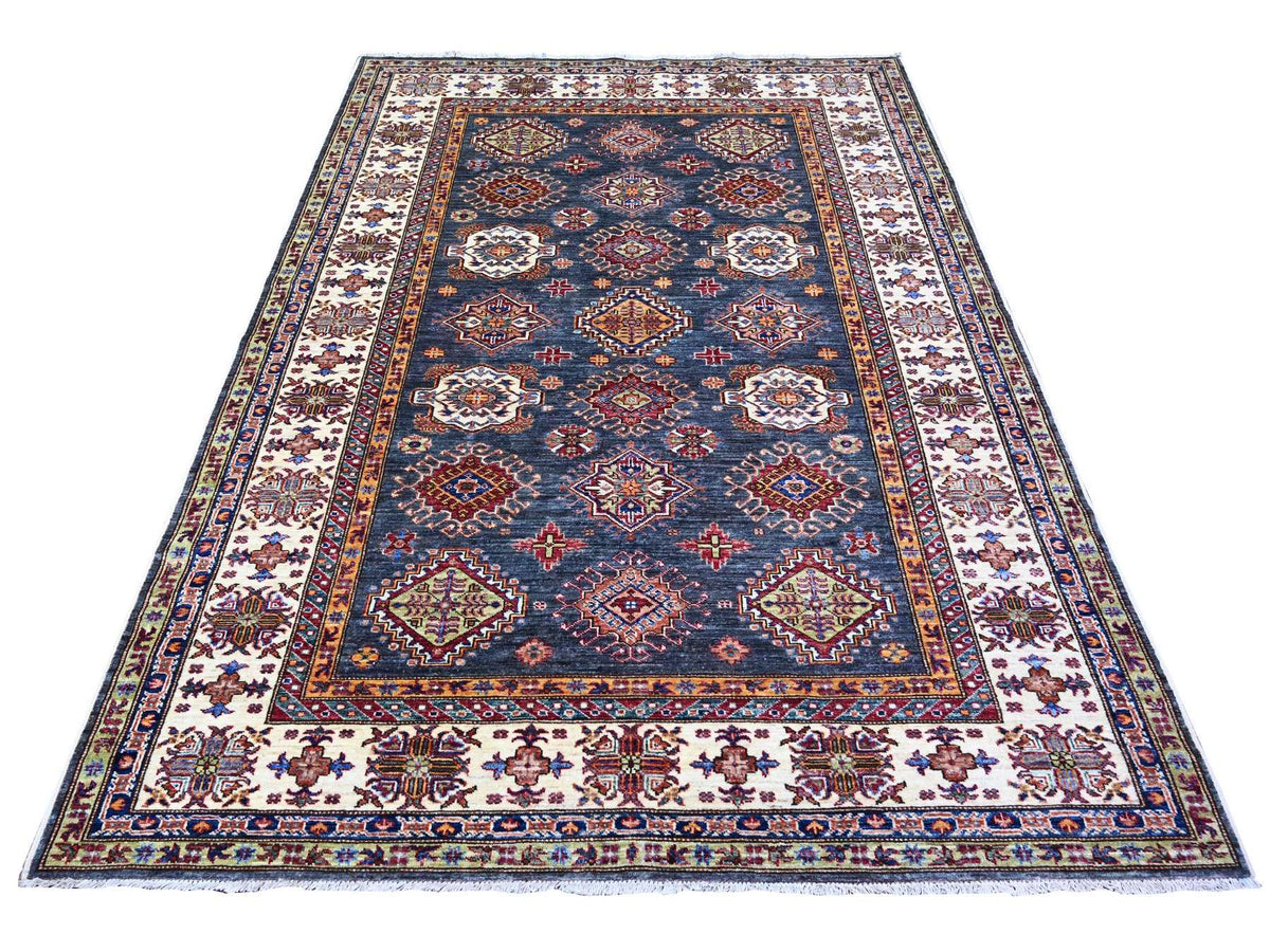 Kazak Kazak hand-knotted wool rug in Gray & Pomelo White, 5'9" x 7'10" — SKU O074800