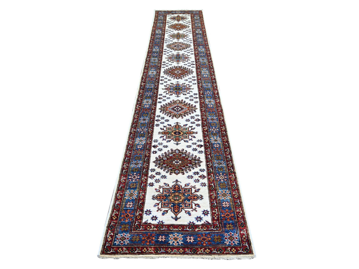 Kazak Kazak hand-knotted wool runner in Ivory & Blue, 2'7" x 12'10" — SKU O074812