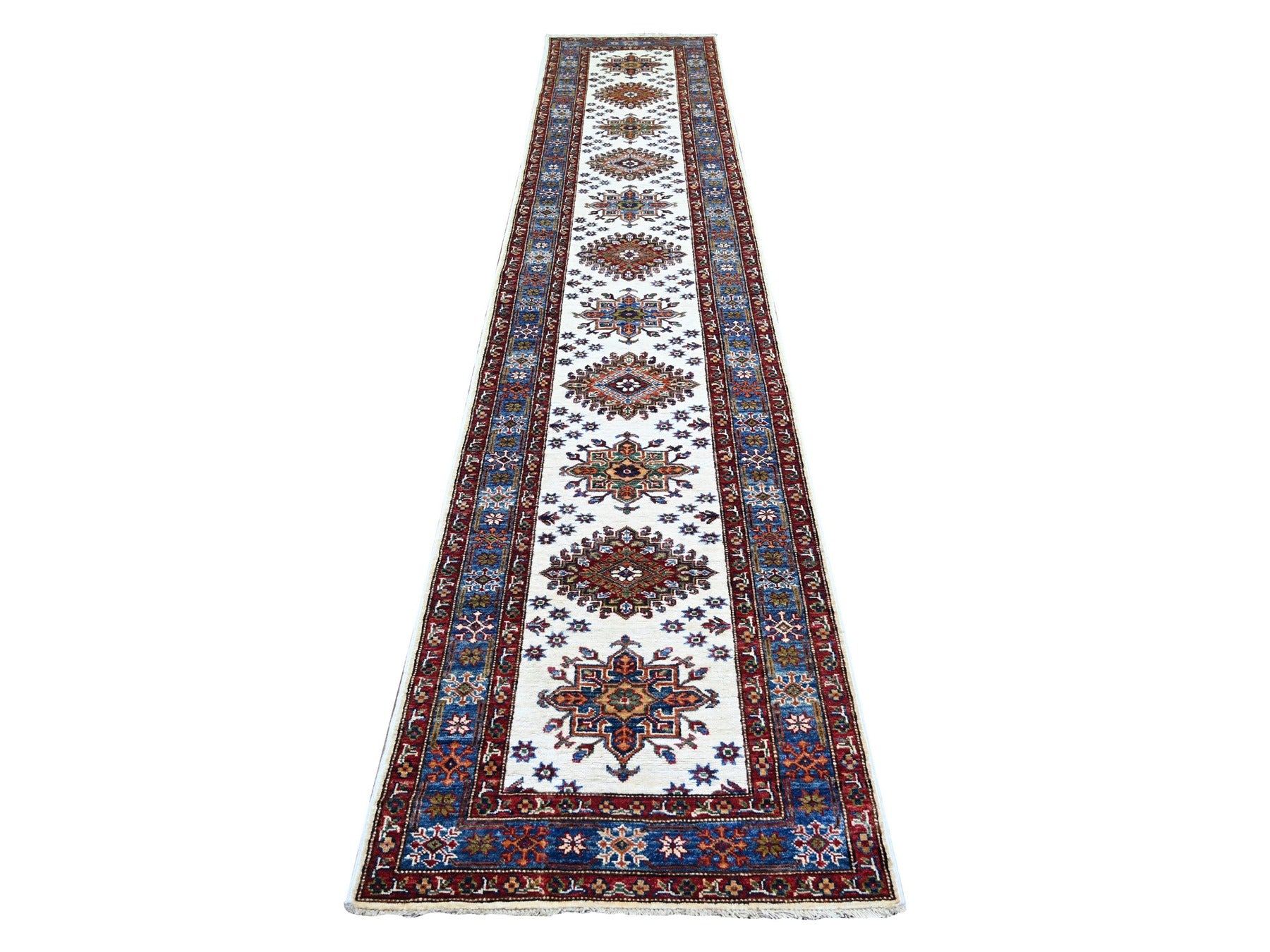 Kazak Kazak hand-knotted wool runner in Ivory & Blue, 2'7" x 12'10" — SKU O074812