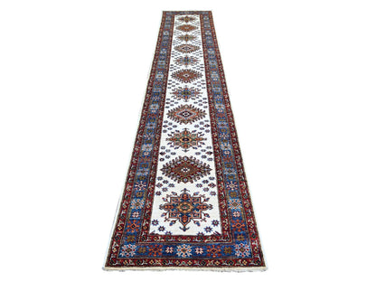 Kazak Kazak hand-knotted wool runner in Ivory & Blue, 2'7" x 12'10" — SKU O074812