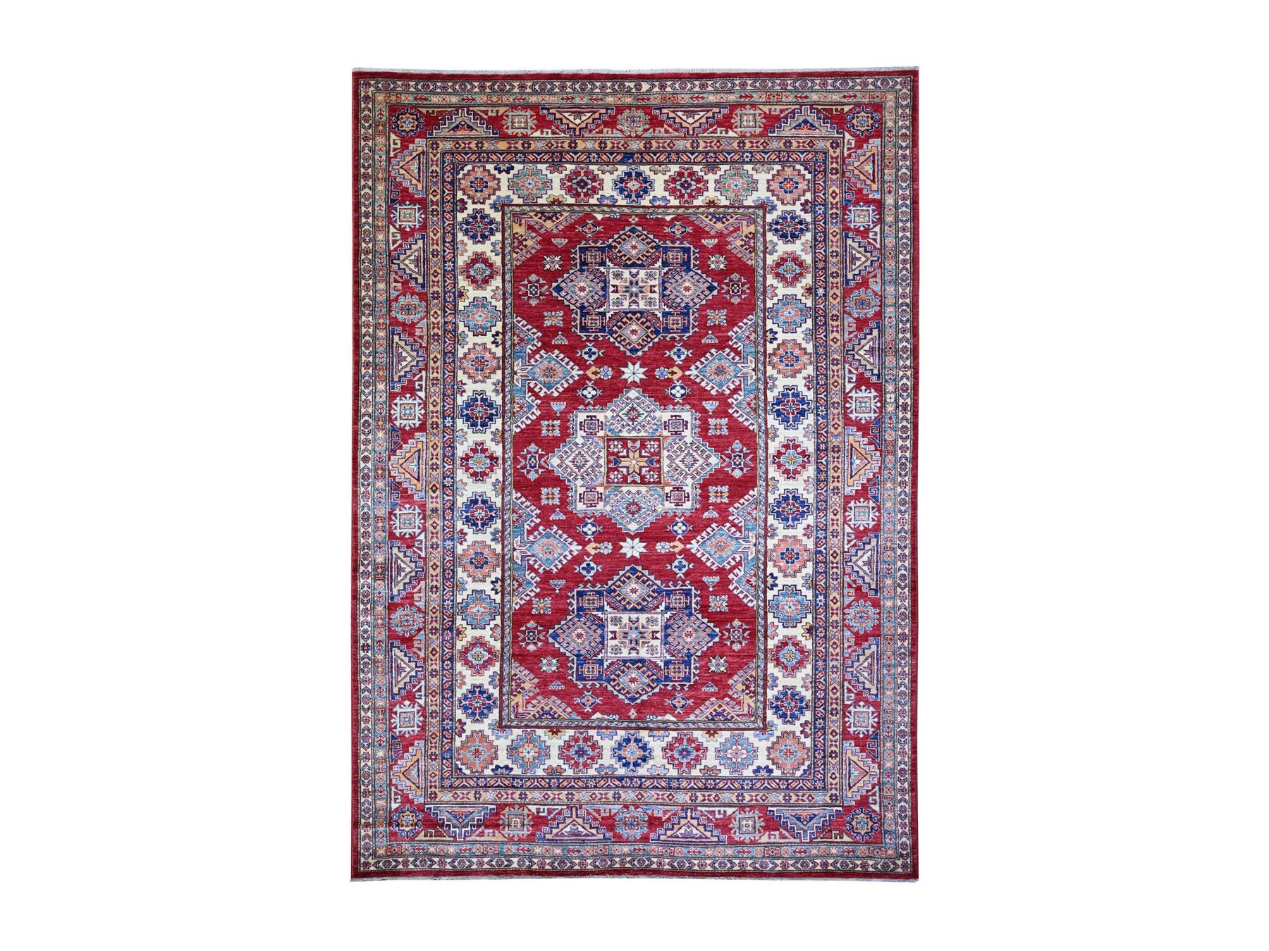 Kazak Tribal & Geometric hand-knotted wool rug in Red & Vista White, 7' x 9'11" — SKU O074823