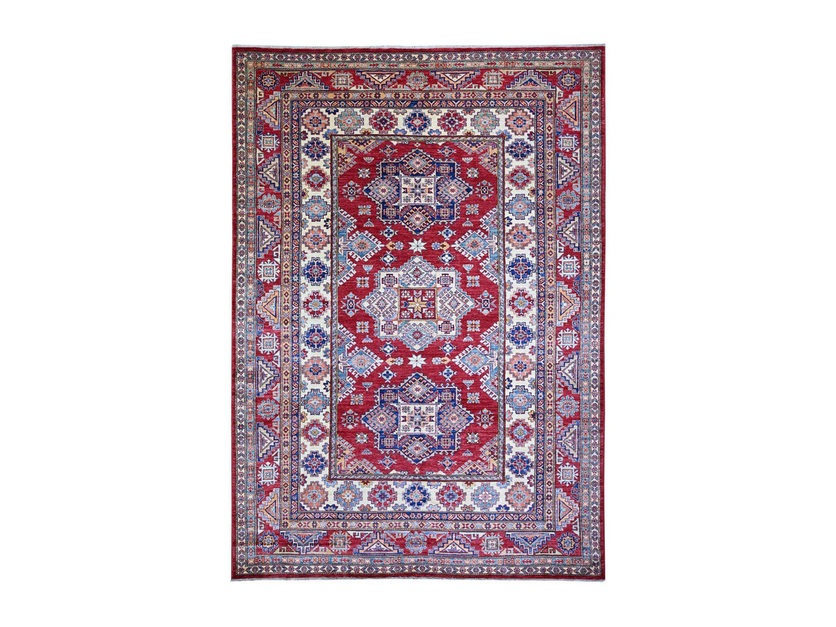 Kazak Tribal & Geometric hand-knotted wool rug in Red & Vista White, 7' x 9'11" — SKU O074823