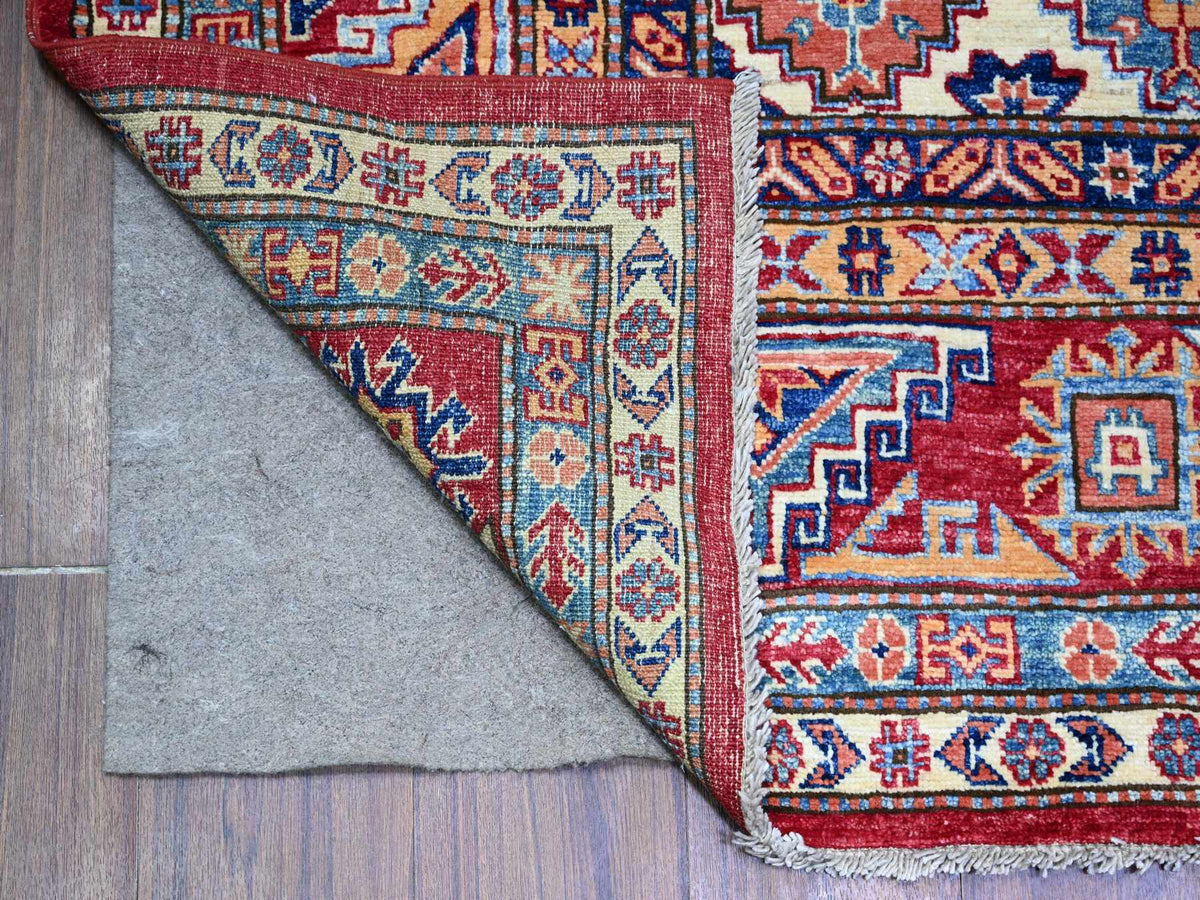 Kazak Tribal & Geometric hand-knotted wool rug in Red & Vista White, 7' x 9'11" — SKU O074823 (view 2)