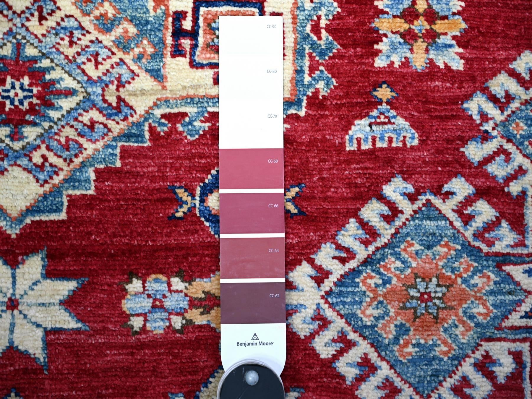 Kazak Tribal & Geometric hand-knotted wool rug in Red & Vista White, 7' x 9'11" — SKU O074823 (view 3)