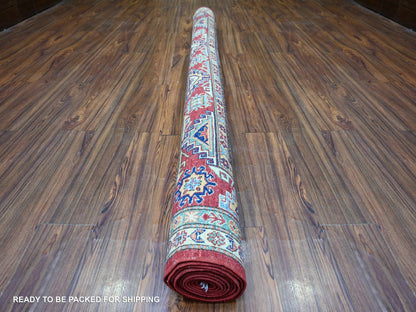 Kazak Tribal & Geometric hand-knotted wool rug in Red & Vista White, 7' x 9'11" — SKU O074823 (view 4)