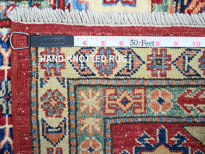 Kazak Tribal & Geometric hand-knotted wool rug in Red & Vista White, 7' x 9'11" — SKU O074823 (view 6)