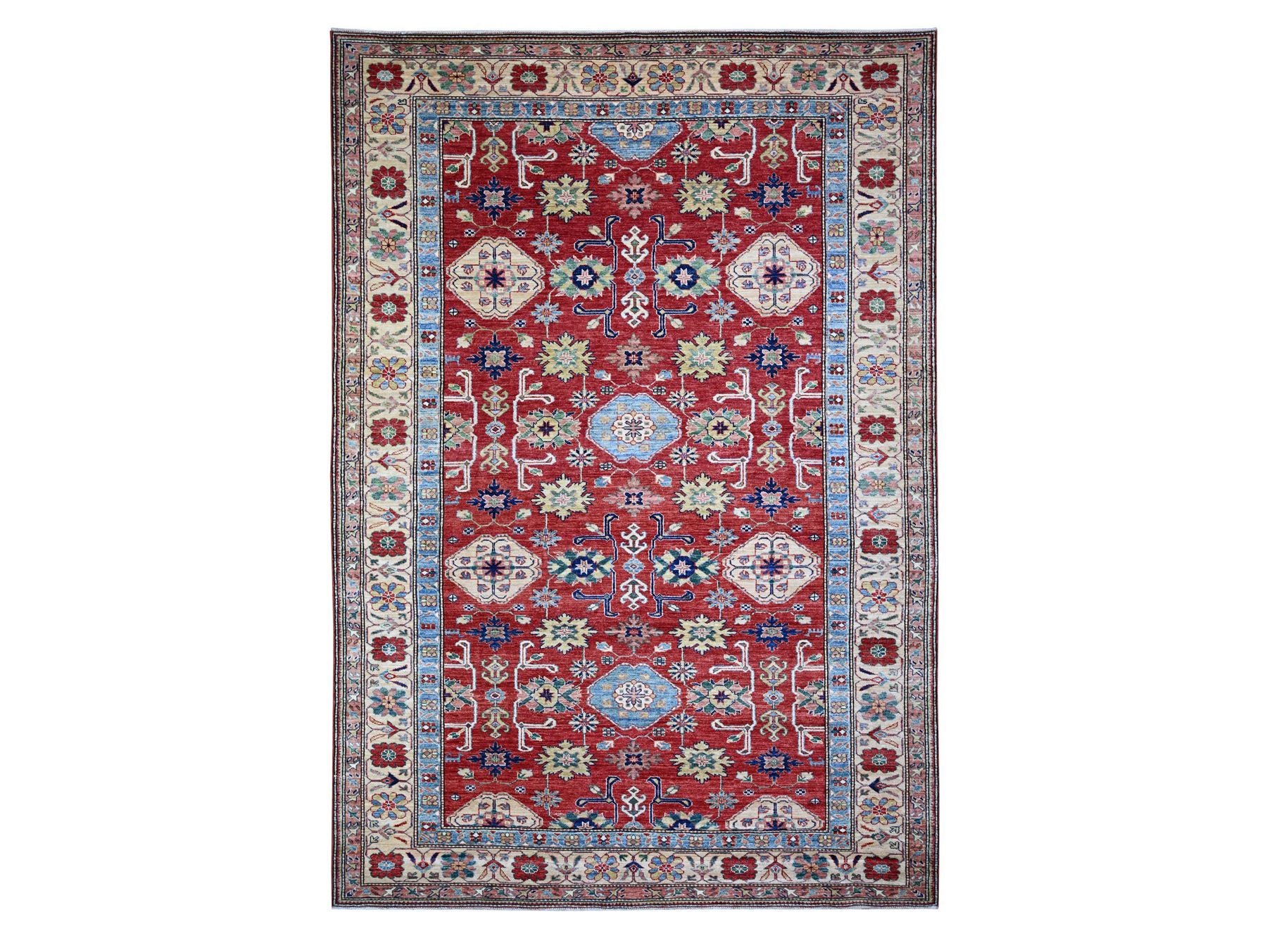 Kazak Tribal & Geometric hand-knotted wool rug in Red & Spring Ivory, 6'8" x 9'10" — SKU O074824
