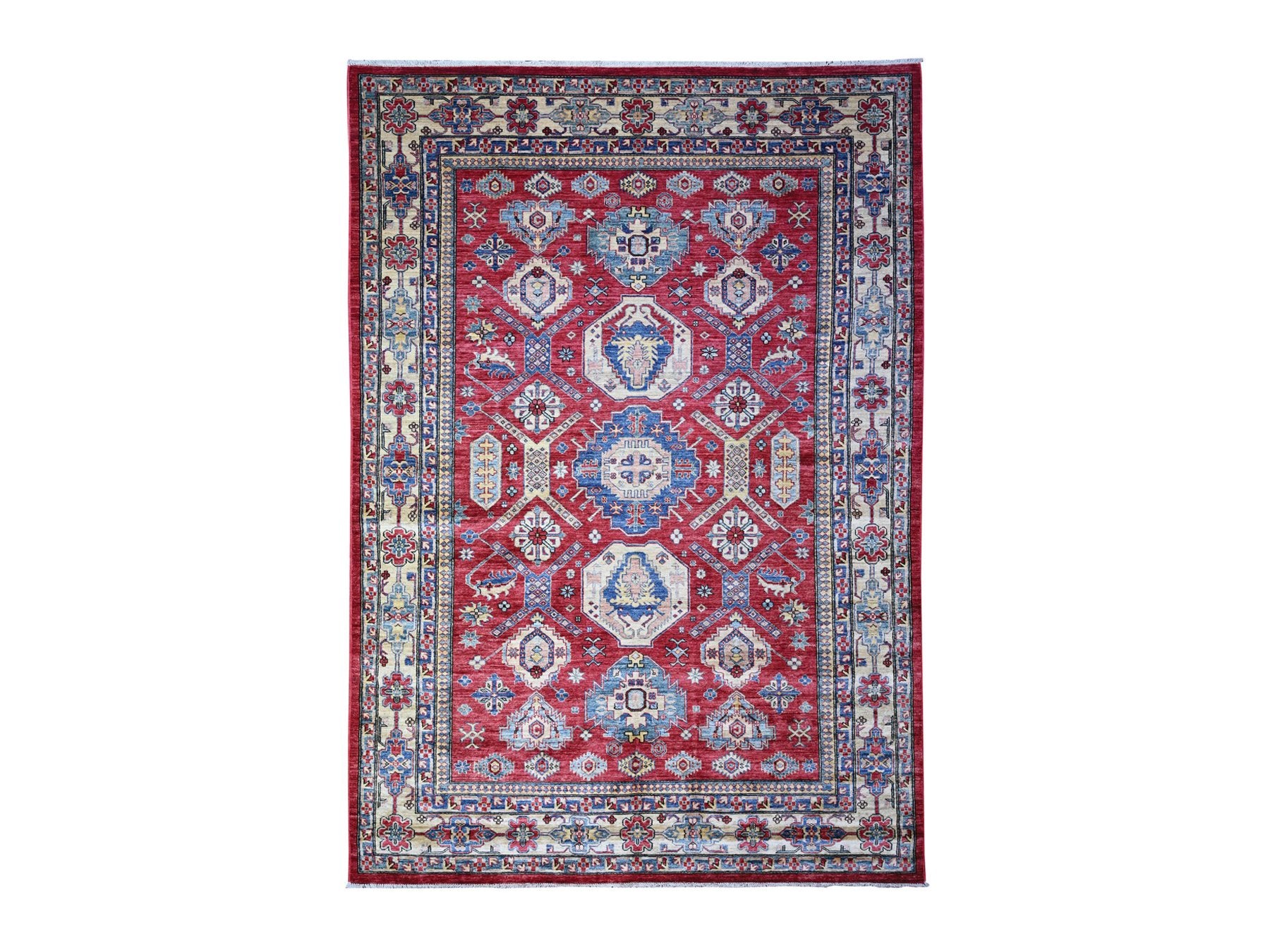 Kazak Tribal & Geometric hand-knotted wool rug in Red & Snow Drift Ivory, 6'9" x 9'9" — SKU O074826