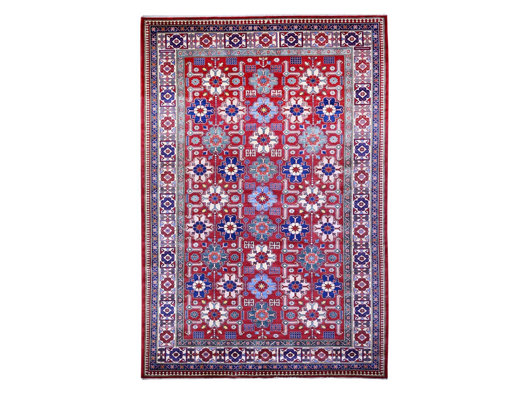 Kazak Tribal & Geometric hand-knotted wool rug in Red & Ivory, 6'4" x 9'4" — SKU O074834