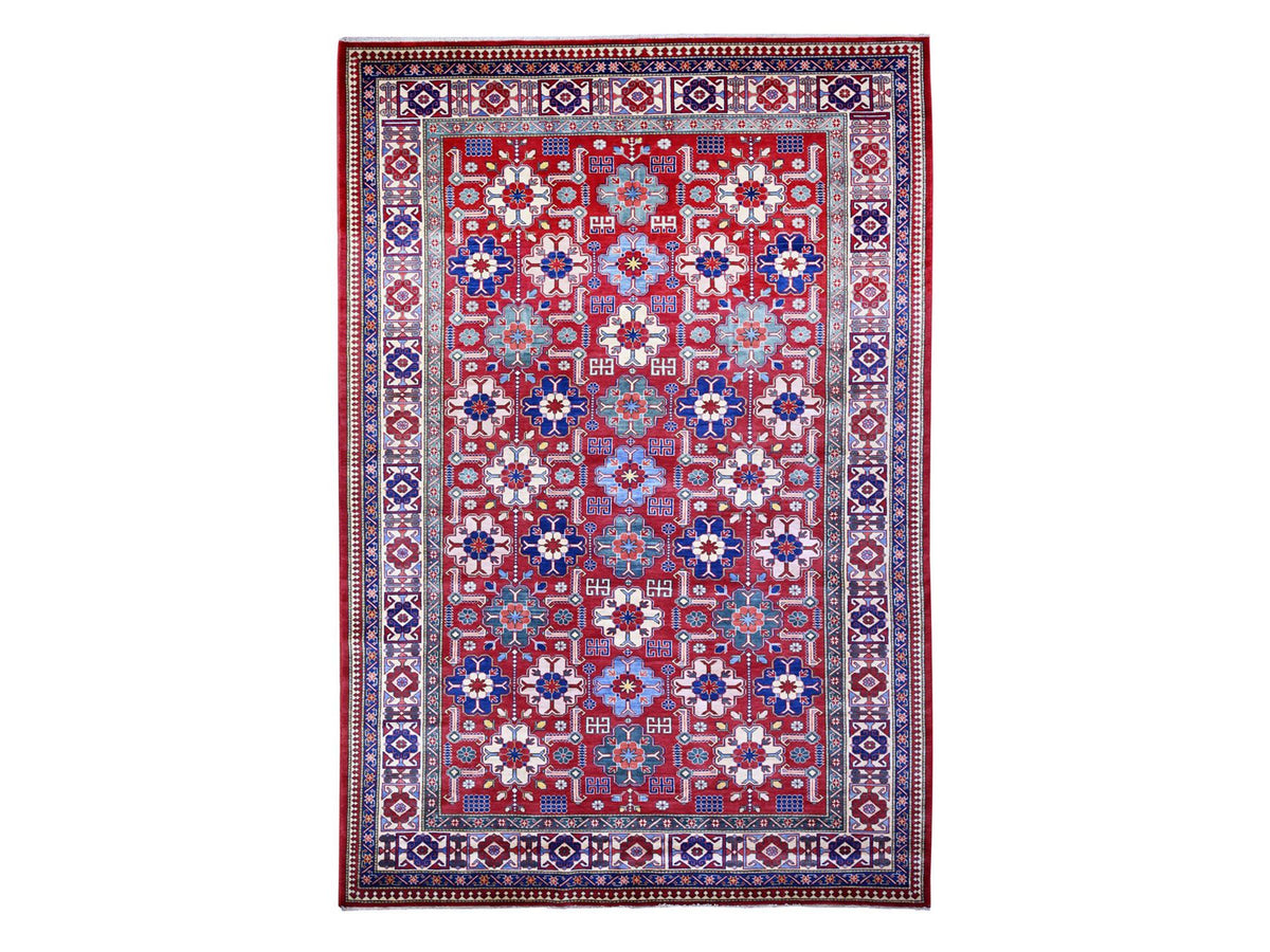 Kazak Tribal & Geometric hand-knotted wool rug in Red & Ivory, 6'4" x 9'4" — SKU O074834