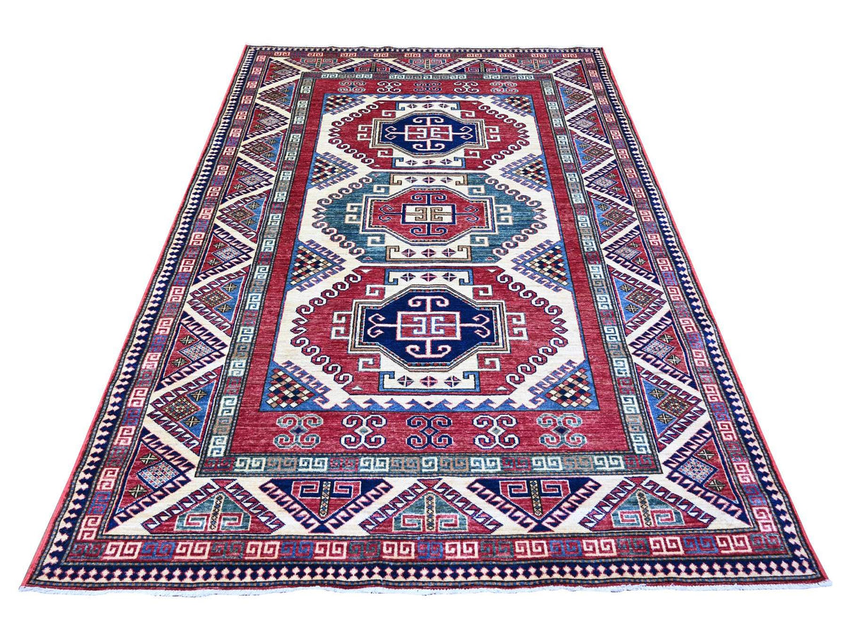 Kazak Tribal & Geometric hand-knotted wool rug in Ivory & Red, 5'9" x 8' — SKU O074839