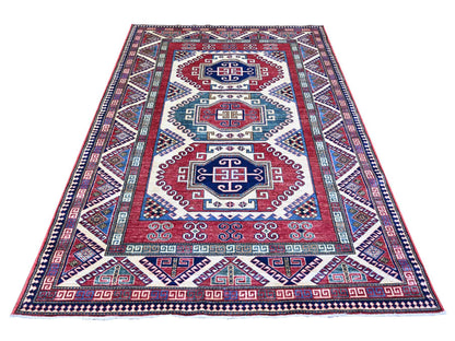 Kazak Tribal & Geometric hand-knotted wool rug in Ivory & Red, 5'9" x 8' — SKU O074839