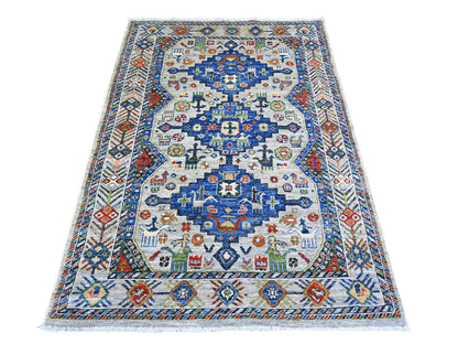 Shiraz Tribal & Geometric hand-knotted wool rug in Gray, 4'1" x 6'2" — SKU O074854