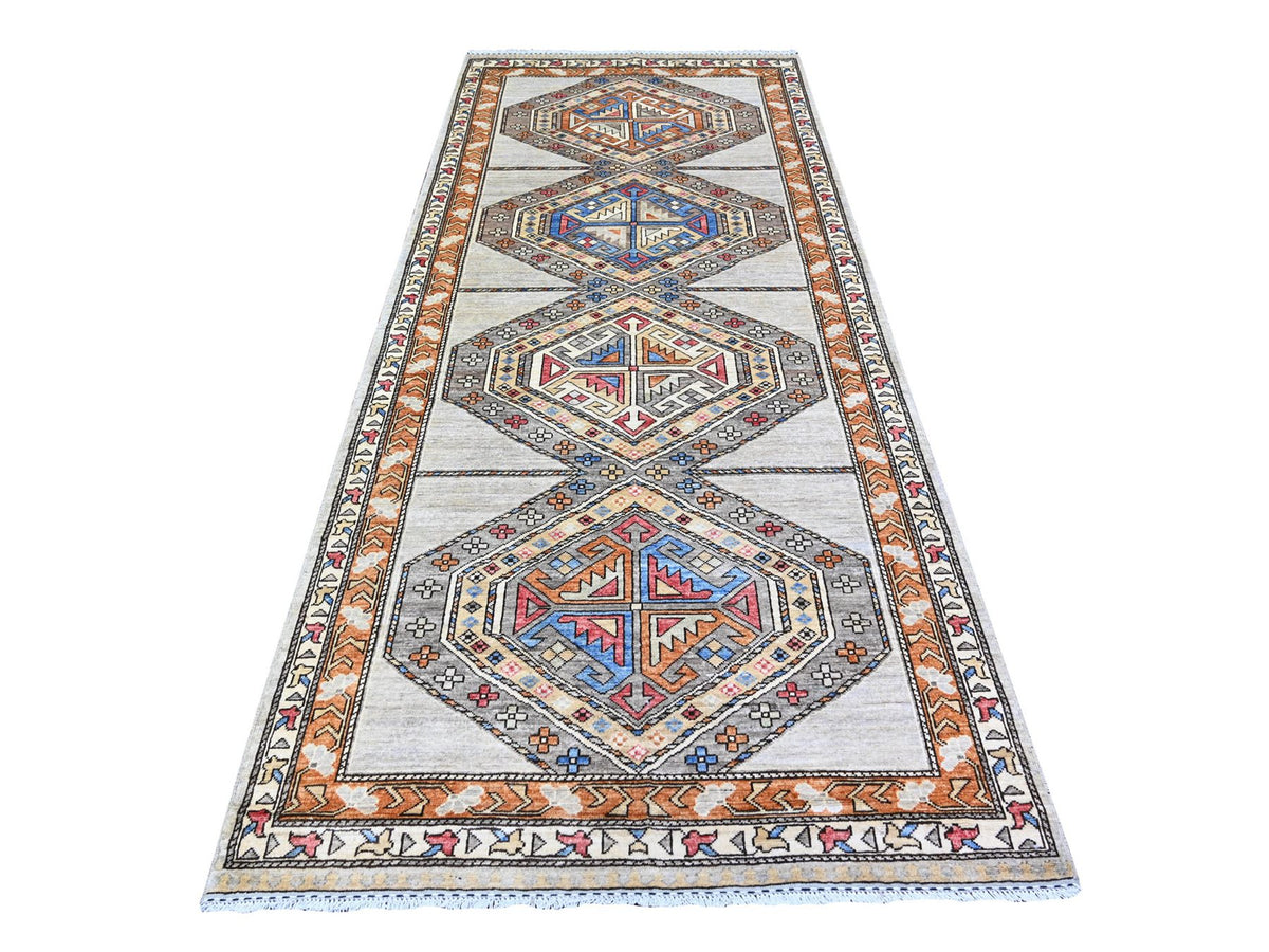 Ersari Tribal & Geometric hand-knotted wool runner in Gray & Orange, 4'2" x 9'9" — SKU O074857
