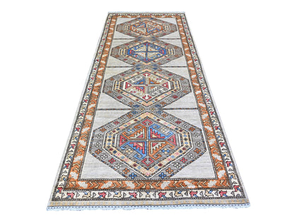 Ersari Tribal & Geometric hand-knotted wool runner in Gray & Orange, 4'2" x 9'9" — SKU O074857
