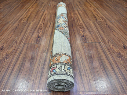 Ersari Tribal & Geometric hand-knotted wool runner in Gray & Orange, 4'2" x 9'9" — SKU O074857 (view 4)
