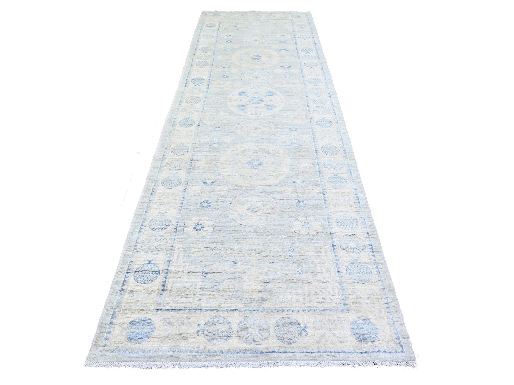 Khotan Khotan hand-knotted wool runner in Gray & Ivory, 3'11" x 12'1" — SKU O074877