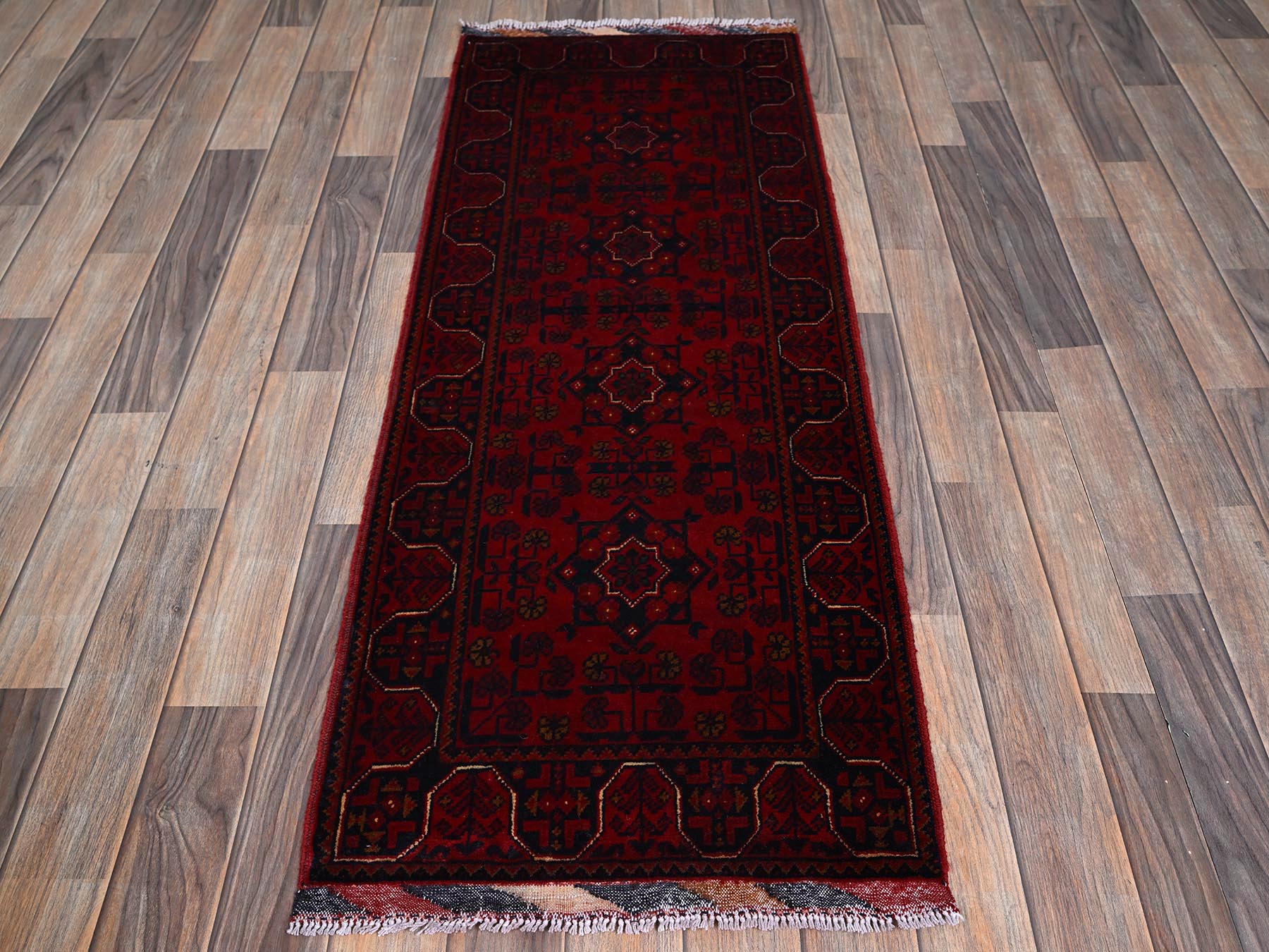 Tribal & Geometric hand-knotted wool runner in Red, 1'10" x 5' — SKU O0748 (view 2)