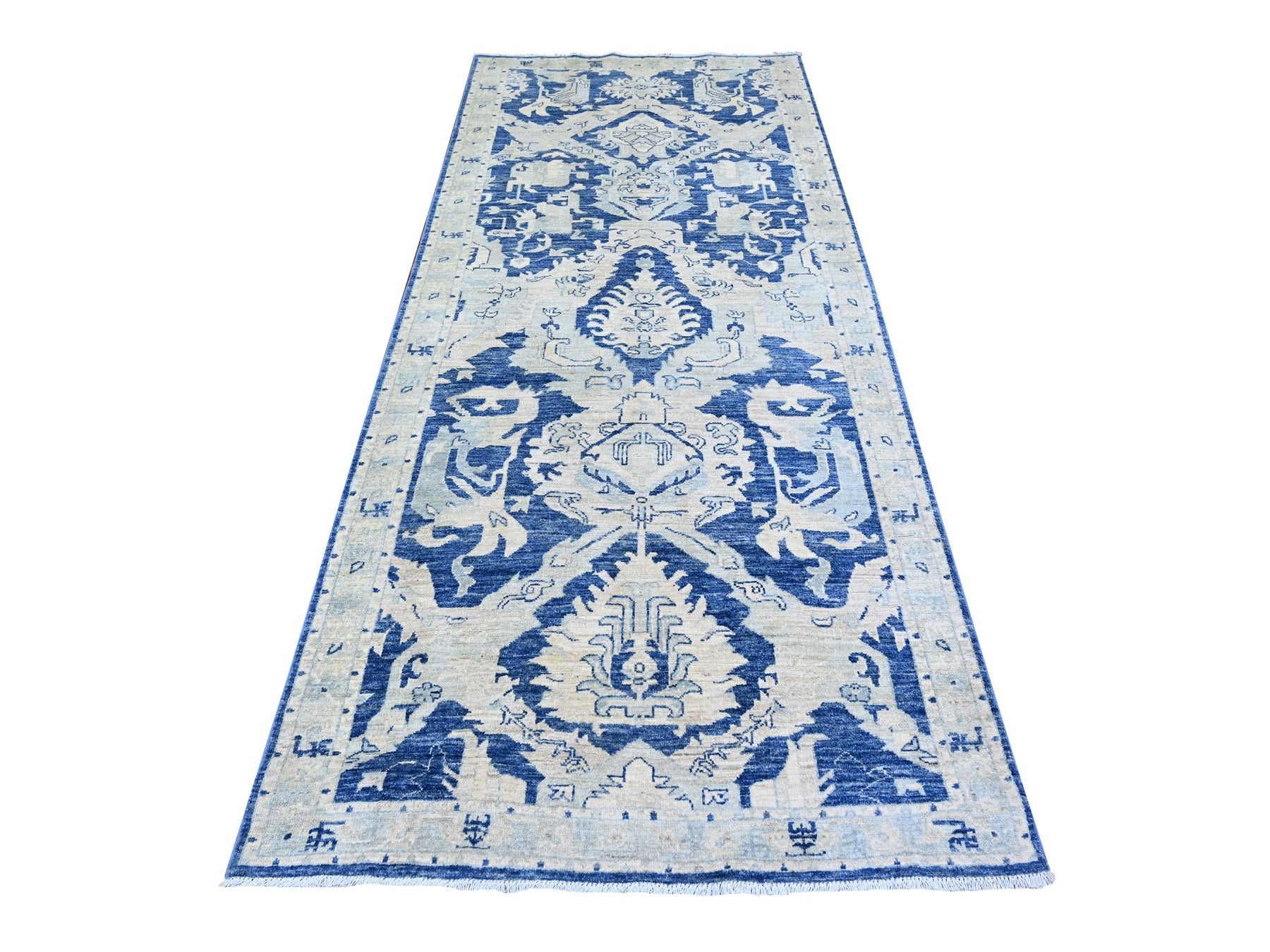Blue 4'2" x 9'7" Oushak / Peshawar Hand knotted Wool Rug - Sku: O074902