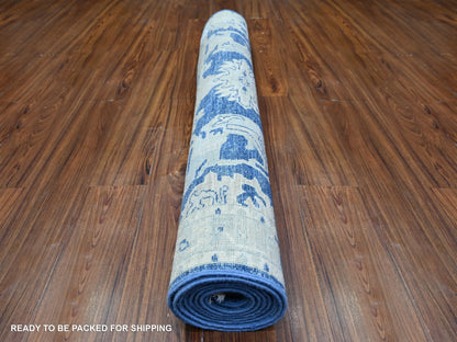 Blue 4'2" x 9'7" Oushak And Peshawar Hand knotted Wool Rug - Sku: O074902