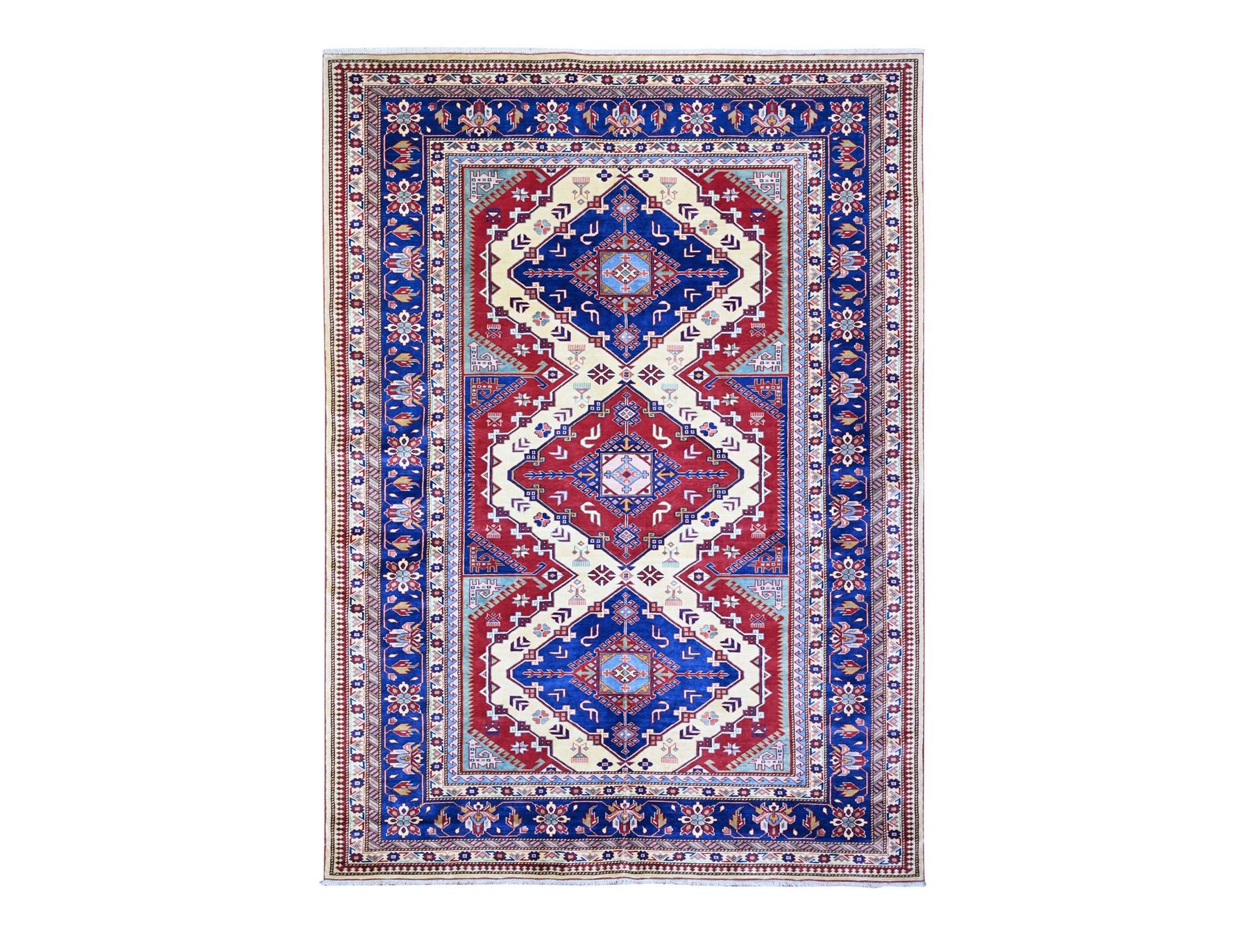 Kazak Tribal & Geometric hand-knotted wool rug in Ivory & Cobalt Blue, 6'9" x 9'4" — SKU O074922