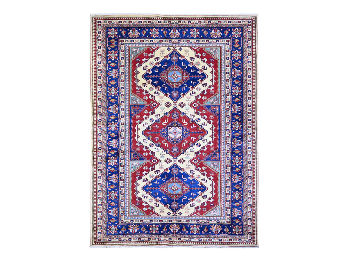 Kazak Tribal & Geometric hand-knotted wool rug in Ivory & Cobalt Blue, 6'9" x 9'4" — SKU O074922