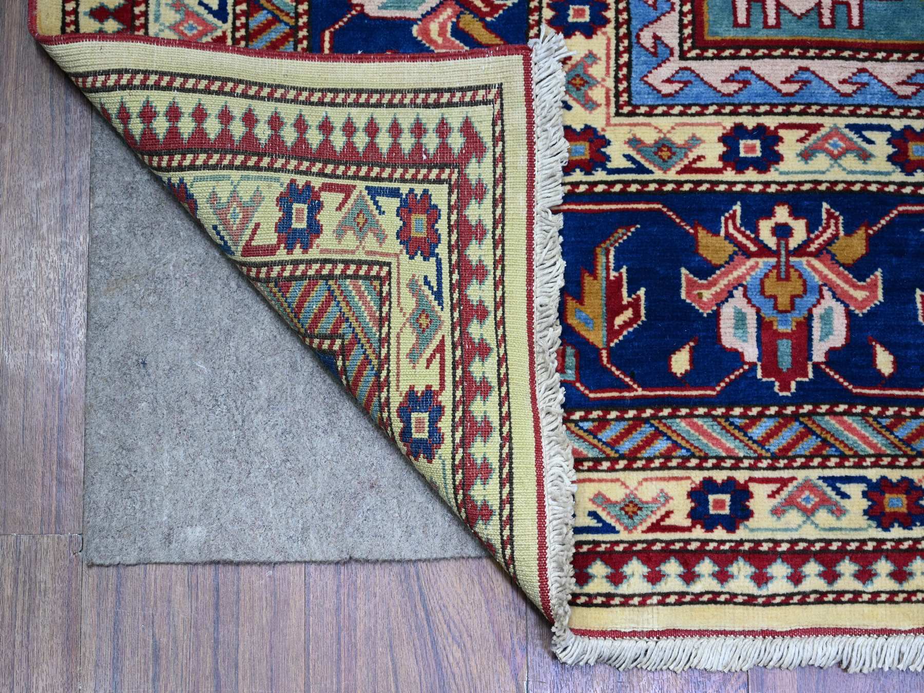 Kazak Tribal & Geometric hand-knotted wool rug in Ivory & Cobalt Blue, 6'9" x 9'4" — SKU O074922 (view 2)