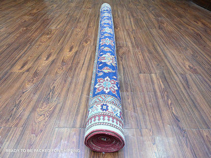Kazak Tribal & Geometric hand-knotted wool rug in Ivory & Cobalt Blue, 6'9" x 9'4" — SKU O074922 (view 4)