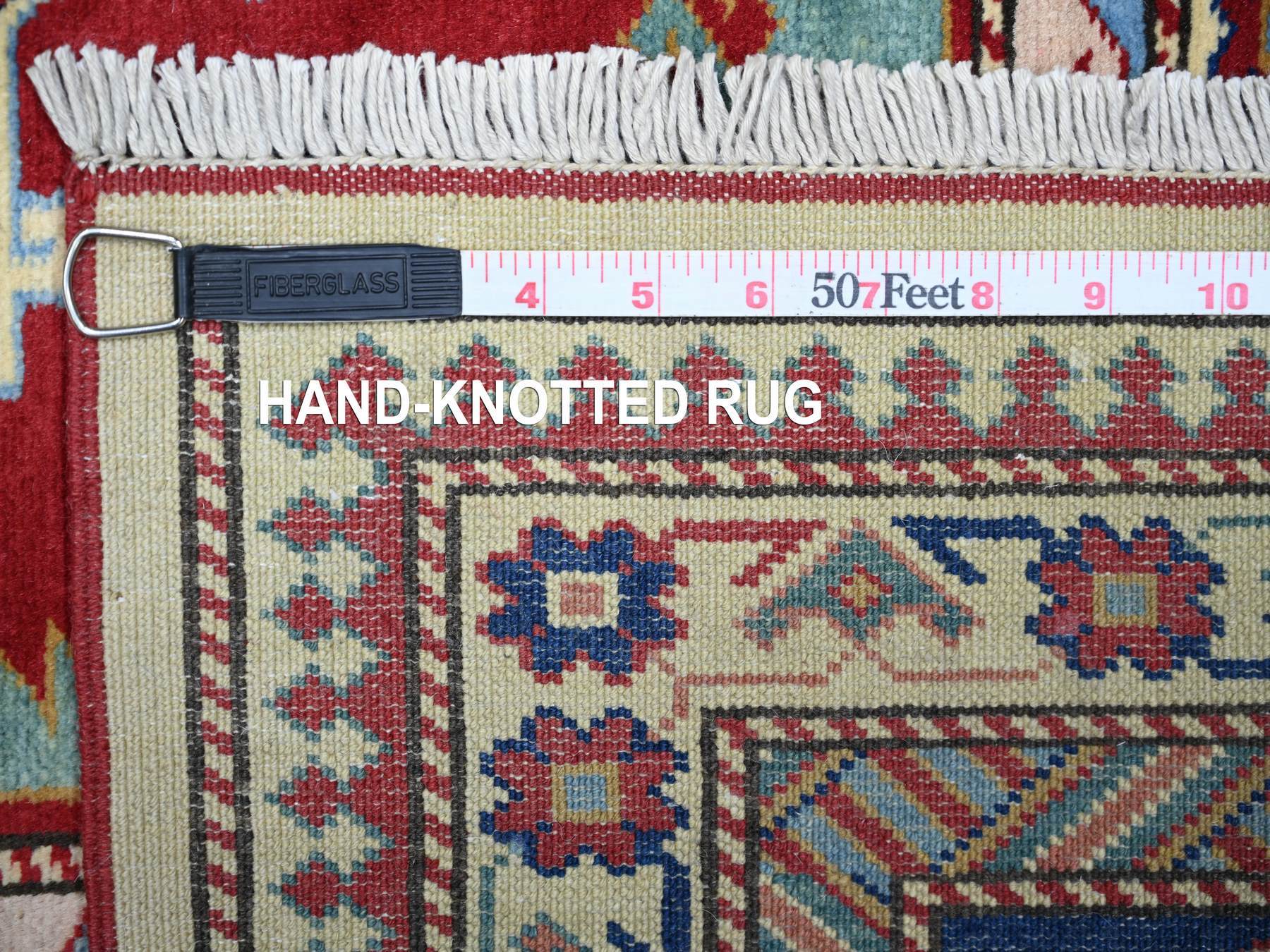 Kazak Tribal & Geometric hand-knotted wool rug in Ivory & Cobalt Blue, 6'9" x 9'4" — SKU O074922 (view 6)