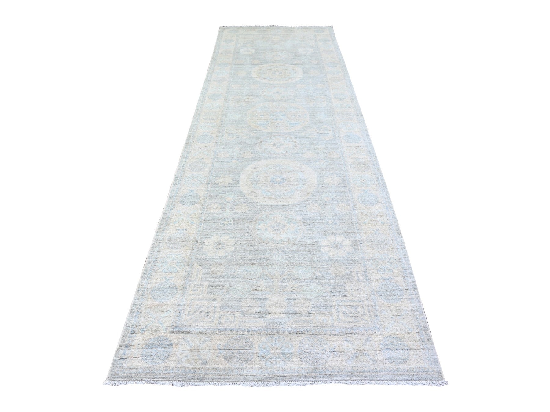 Peshawar Oushak hand-knotted wool runner in Gray & Anti-Flash White, 4' x 12'2" — SKU O074953