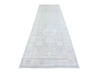 Peshawar Oushak hand-knotted wool runner in Gray & Anti-Flash White, 4' x 12'2" — SKU O074953