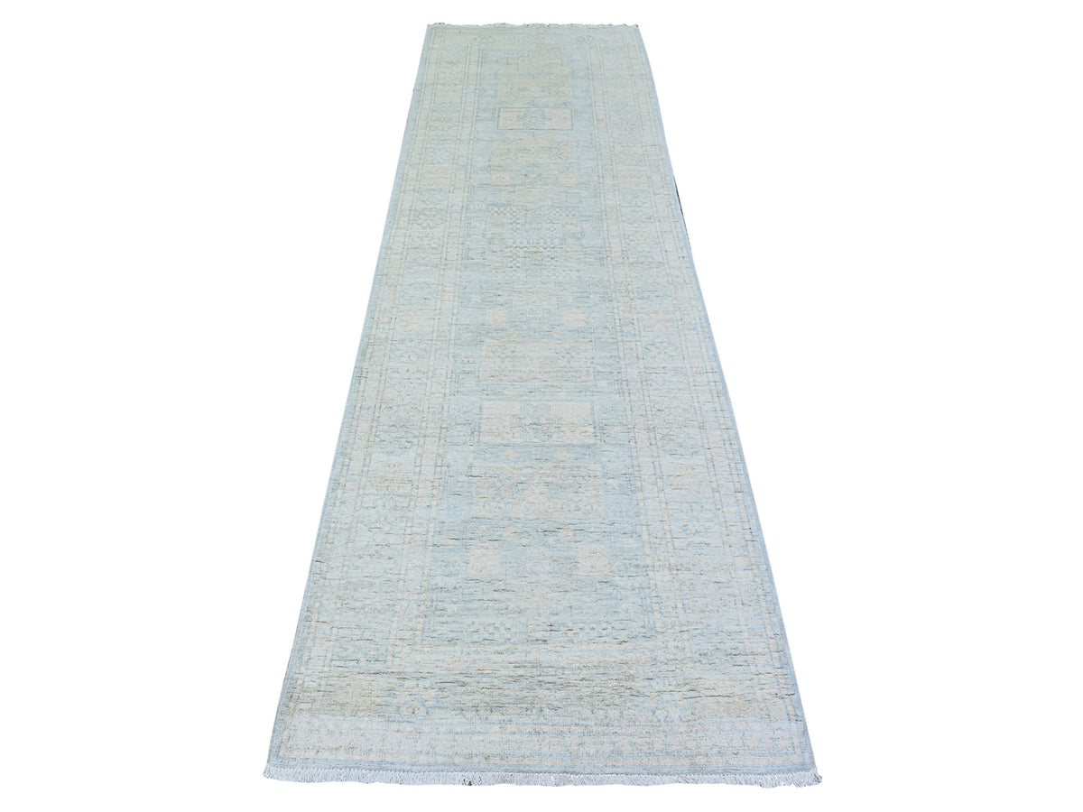Peshawar Oushak hand-knotted wool runner in Gray & White Dove, 2'11" x 9'10" — SKU O074963