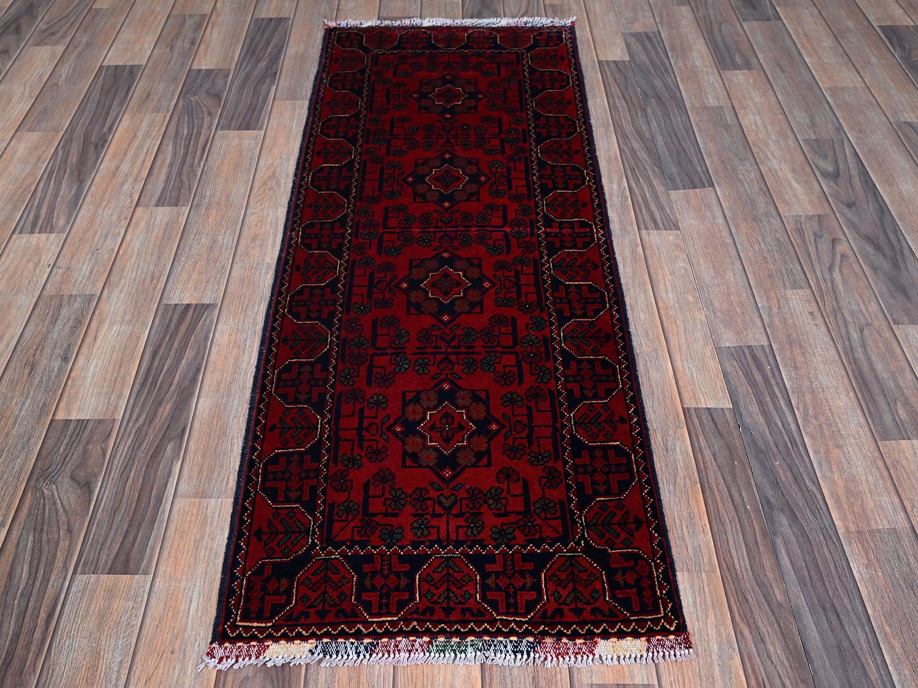 Tribal & Geometric hand-knotted wool runner in Red, 1'10" x 4'10" — SKU O0749 (view 2)
